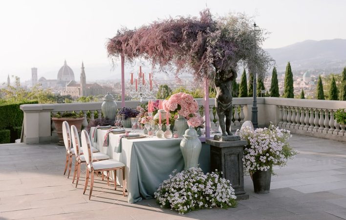 wedding setup of a table with the view of Florence as a background