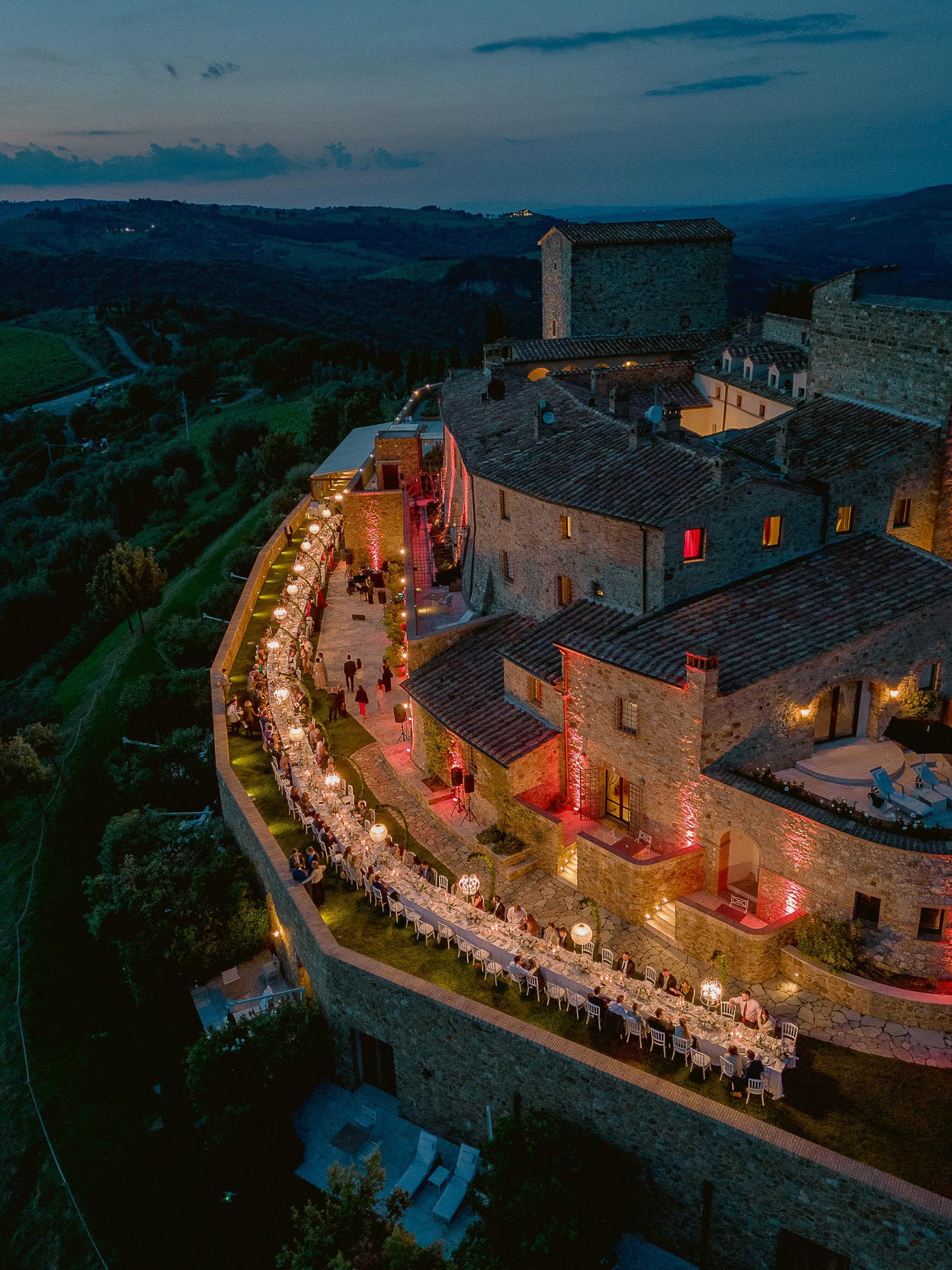 aerial view of the wedding reception at castello di Velona at dusk