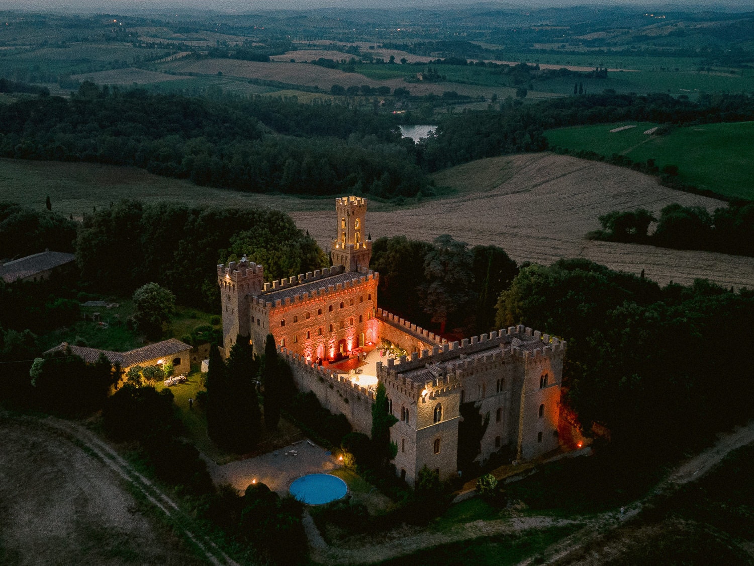 the castle on the grounds of Borgo Finocchieto at night