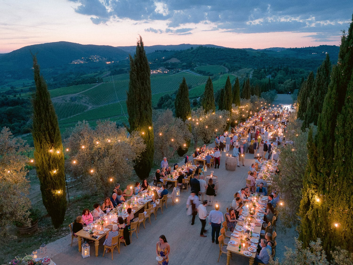 a welcome party at dusk at castello di Velona