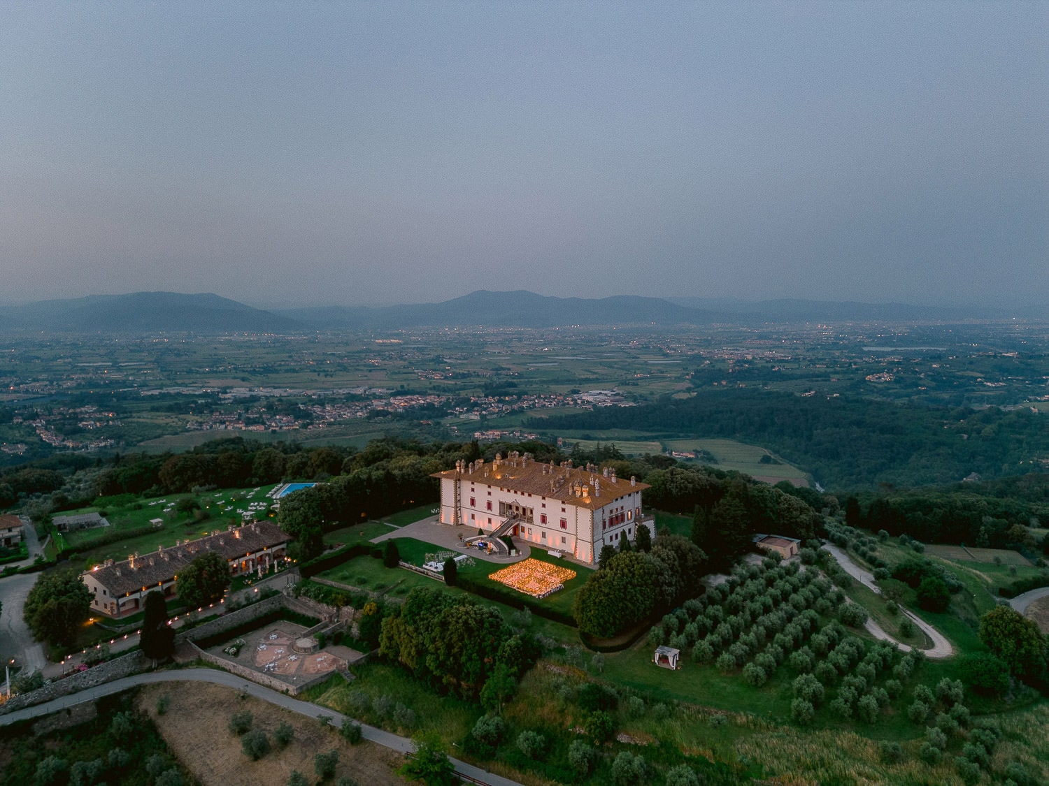 villa di artimino shot from the drone at dusk