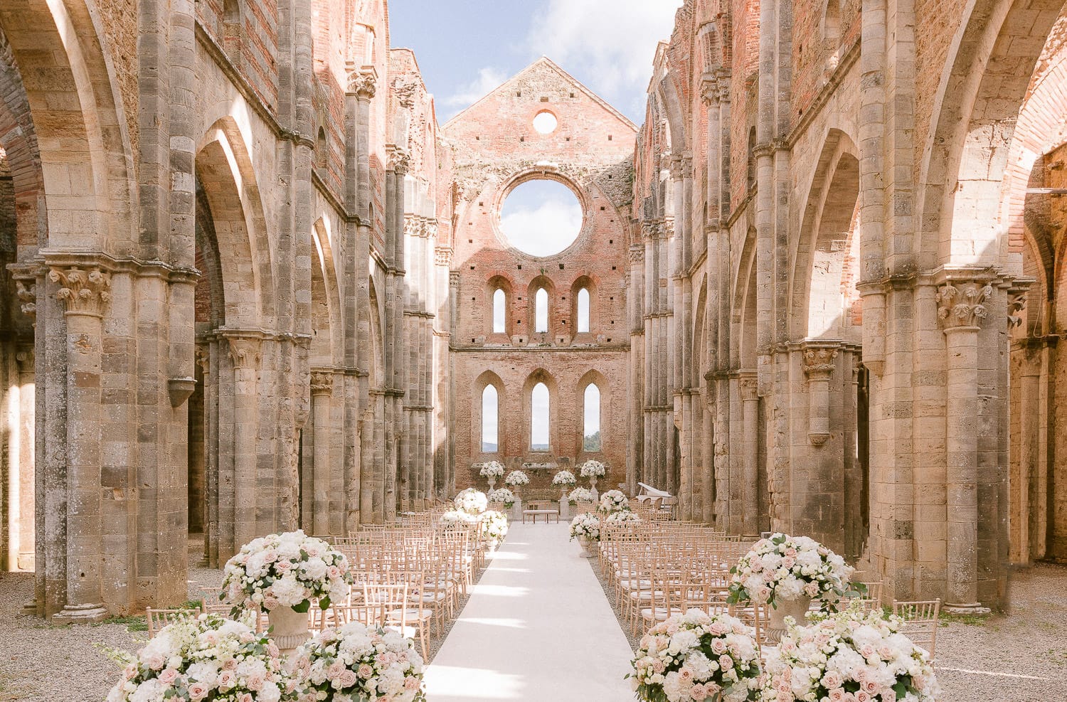 the abbey od San Galgano ready for a wedding in Tuscany